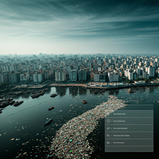 An aerial drone view of Dhaka city showing dense urban infrastructure alongside heavily polluted waterways clogged with plastic waste. A heavy, dark grey-green overlay at 60% opacity mutes the background to allow white text and frosted glass UI elements to stand out clearly. The aesthetic highlights the urgent environmental crisis. - Punosristi Bangladesh Plastic Recycling