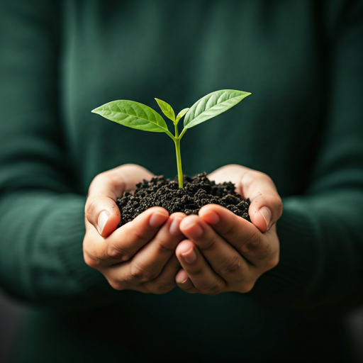A close-up, macro photography shot of a tiny, vibrant green sapling sprouting from rich, dark soil held gently in a person's hands. The lighting is warm and glowing, symbolizing hope, growth, and environmental restoration. A subtle, dark green vignette frames the image to focus on the plant. - Punosristi Bangladesh Plastic Recycling