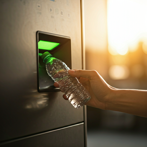 Close up of a person's hand inserting a clear plastic water bottle into the glowing green slot of a modern recycling vending machine. Soft, warm sunlight filters from the background, creating a hopeful, bright aesthetic. The machine is sleek metallic. - Punosristi Bangladesh Plastic Recycling