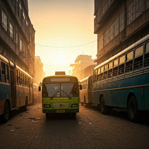 A bustling Dhaka bus terminal with commuters in motion during the golden hour. The scene captures the organized chaos and movement of the city's heartbeat. Warm sunset light filters through the dust and activity, highlighting the daily journey of millions of people who are the primary users of the recycling solution. - Punosristi Bangladesh Plastic Recycling