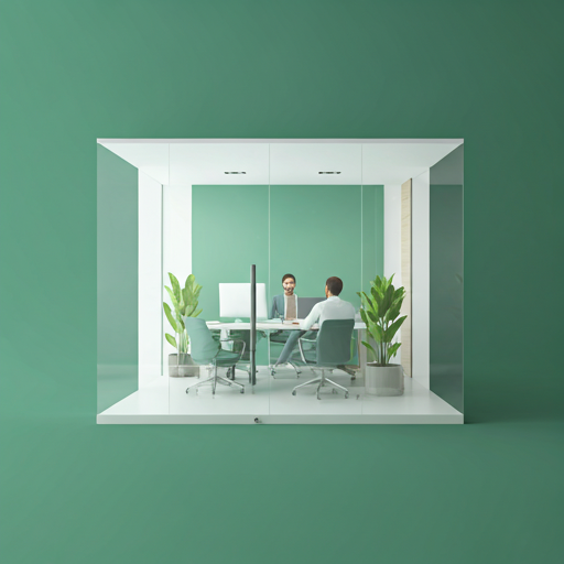 A clean, modern corporate office interior in Dhaka with glass walls and minimalist green decor. Professional staff are seen in the background working in a bright, high-key lighting environment. This setting represents the corporate partnership aspect of the business model, emphasizing professional reliability and sustainability leadership. - Punosristi Bangladesh Plastic Recycling