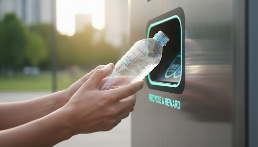 Hand inserting bottle into machine - Punosristi Bangladesh Plastic Recycling