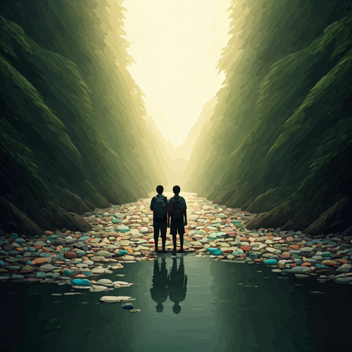 A cinematic, wide-angle shot of young students looking thoughtfully over a heavily polluted river filled with plastic waste in a developing nation. The scene is shot during golden hour with a moody, introspective atmosphere. A dark, translucent forest-green overlay covers the image, creating a somber yet hopeful tone suitable for a modern eco-tech startup's background. - Punosristi Bangladesh Plastic Recycling